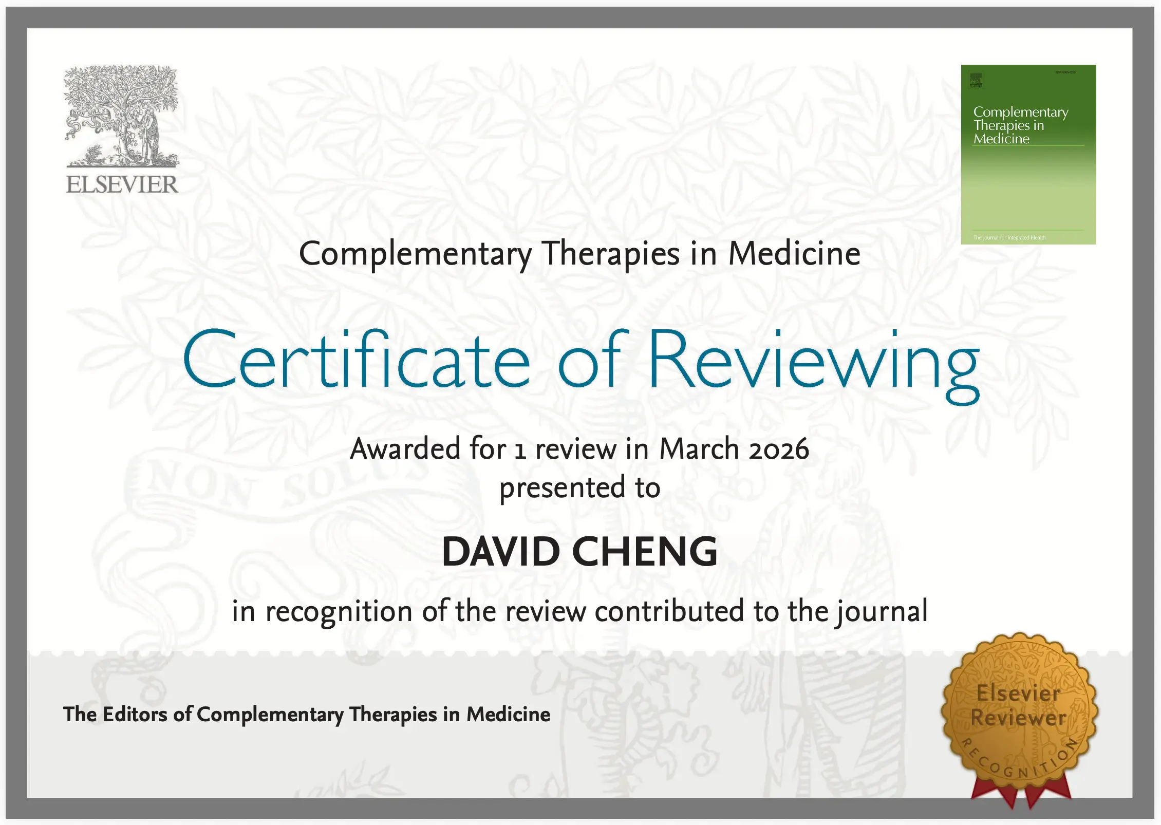 Dr. David Cheng Elsevier Certificate of Reviewing Complementary Therapies in Medicine March 2026