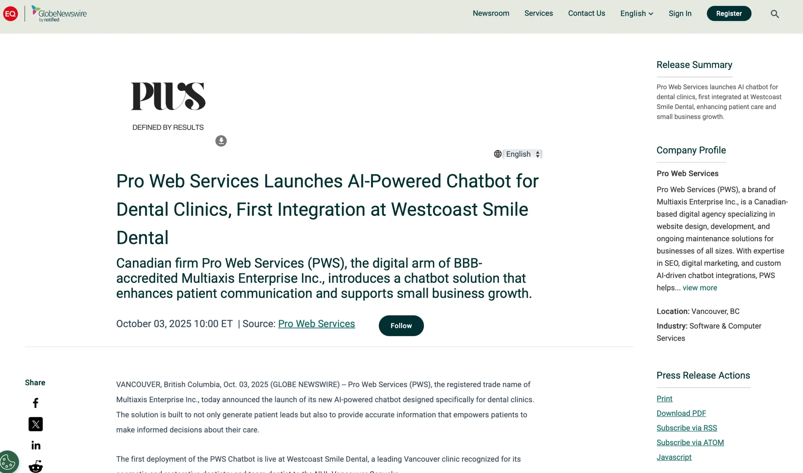 Pro Web Services and Westcoast Smile joint Press Release October 2025 1